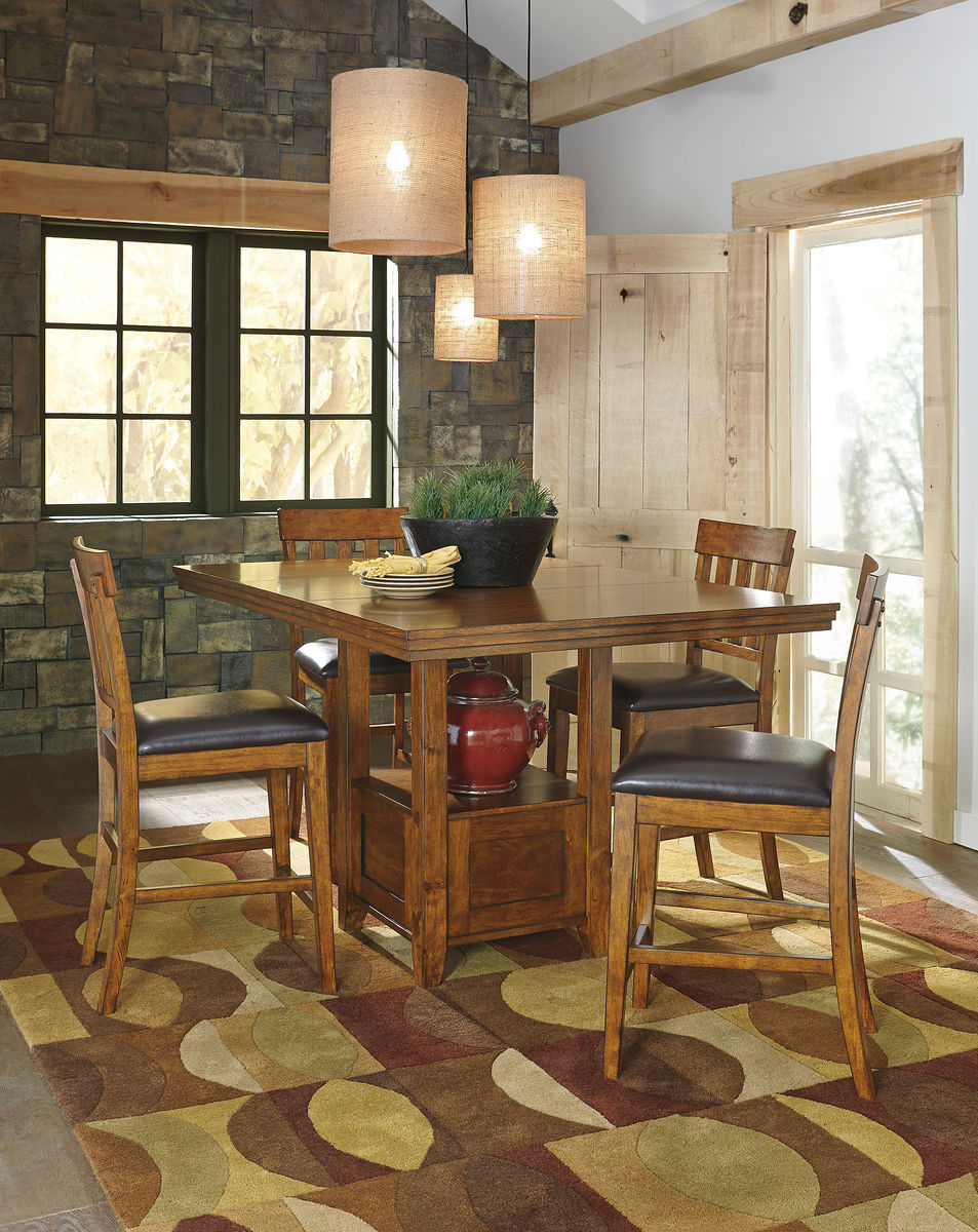 Ralene - 5 Pc. - Counter Extension Table, 4 Barstools - Light Brown