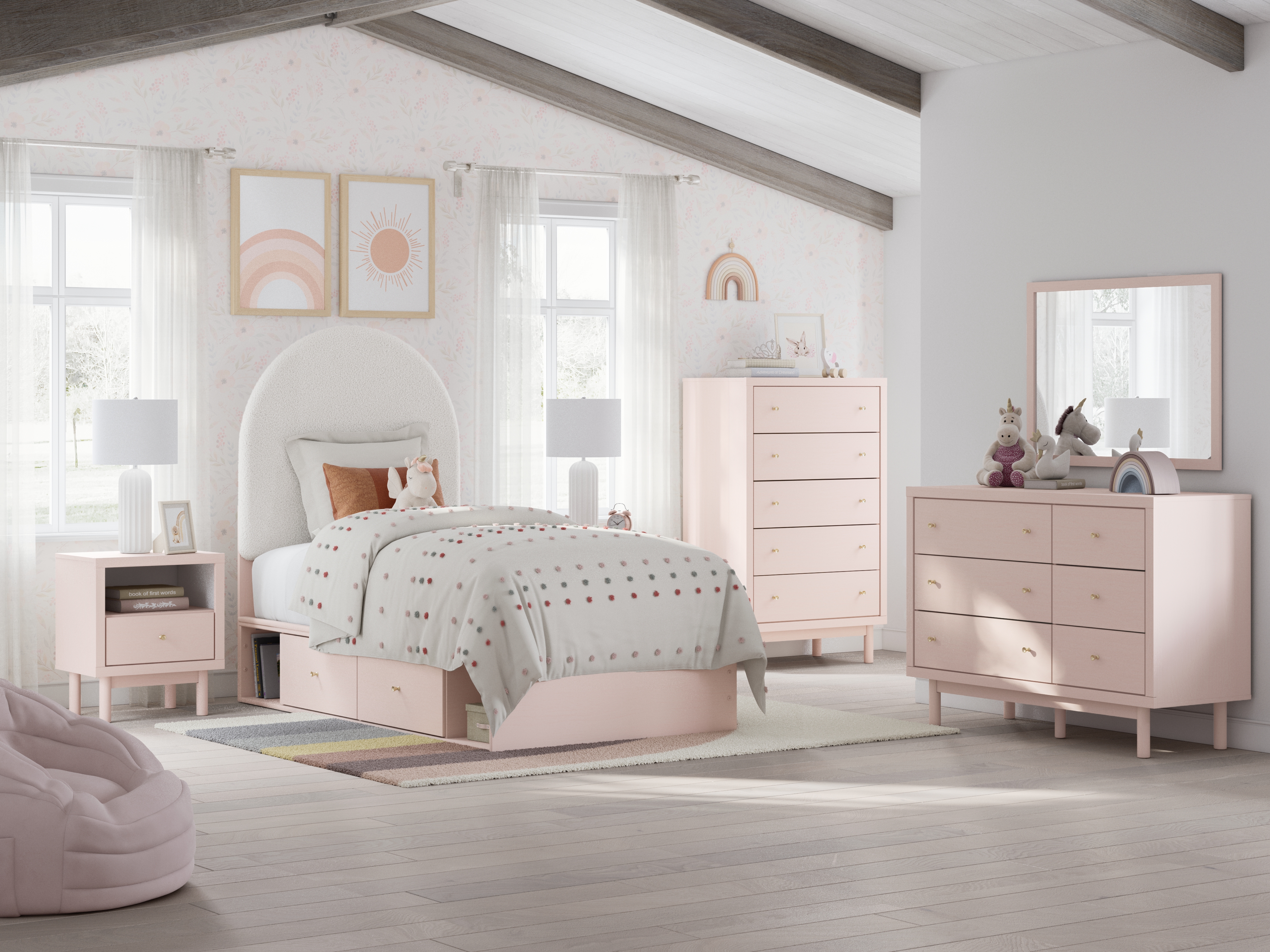 Wistenpine - 6 Pc. - Dresser, Mirror, Twin Upholstered Panel Bed With Side Storage - Blush