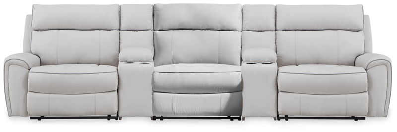 Social Pointe - 5-Piece Power Reclining Sectional With Storage Consoles And Power Armless Recliner - Pearl / Ash