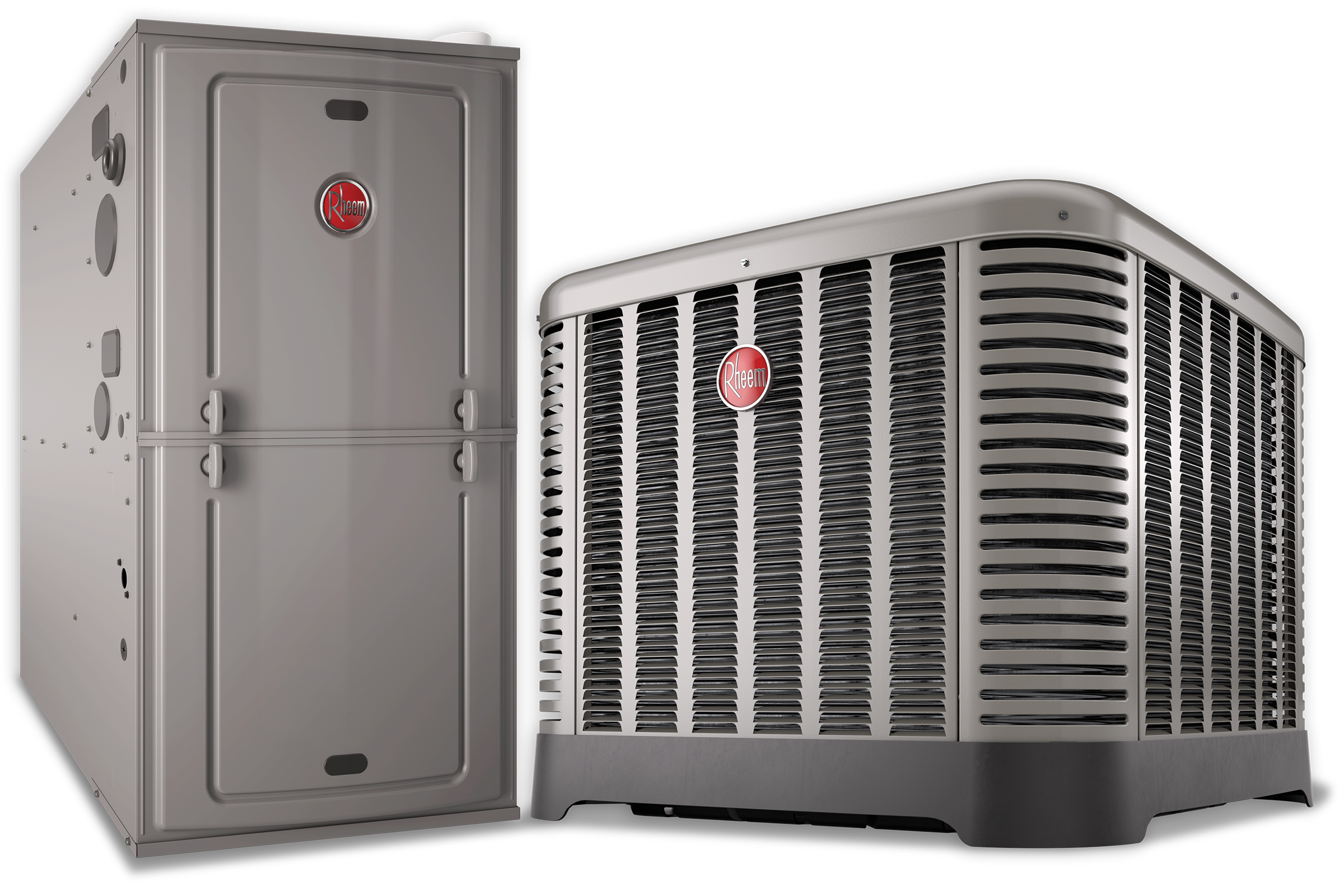 Two Rheem HVAC units; a furnace on the left and an outdoor air conditioner on the right.