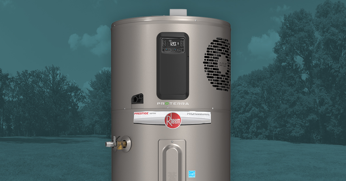 Gray Rheem ProTerra water heater with digital display, set against a park background.