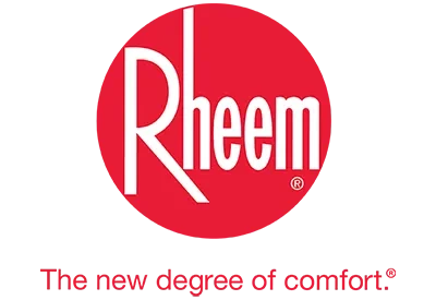 Rheem logo with slogan The new degree of comfort in red and white.