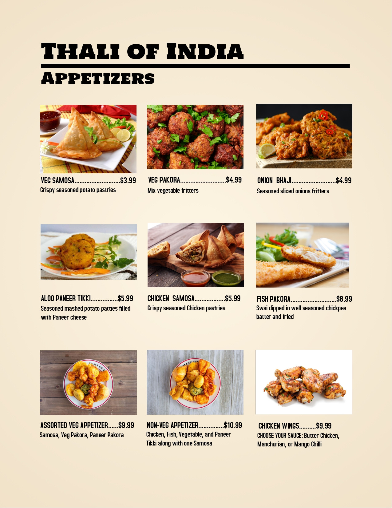 Menu of our Authentic Indian Cuisine