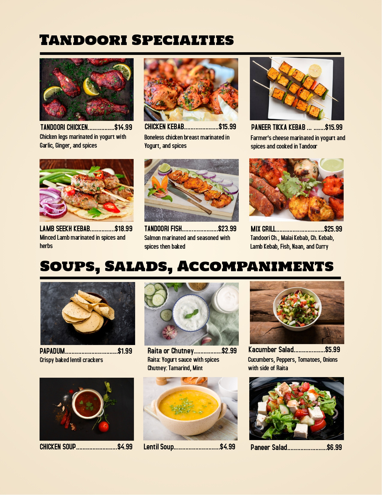 Menu of our Authentic Indian Cuisine