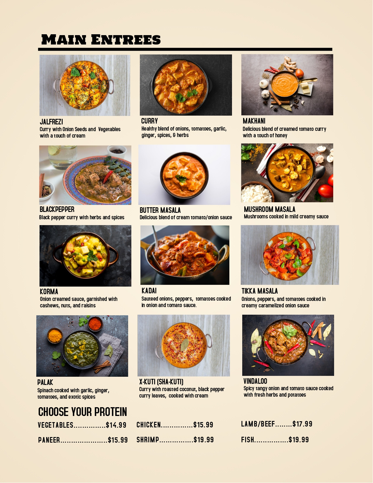 Menu of our Authentic Indian Cuisine