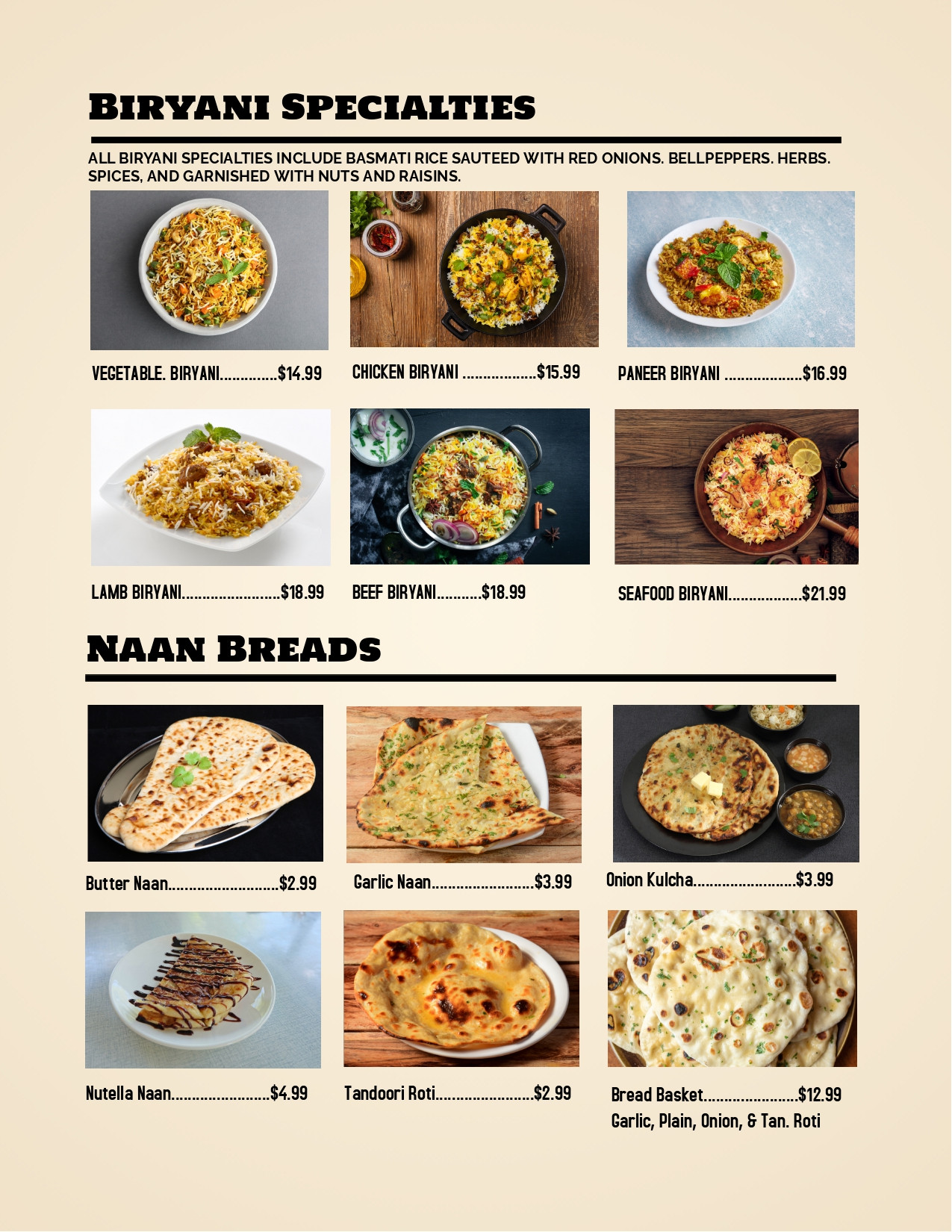 Menu of our Authentic Indian Cuisine
