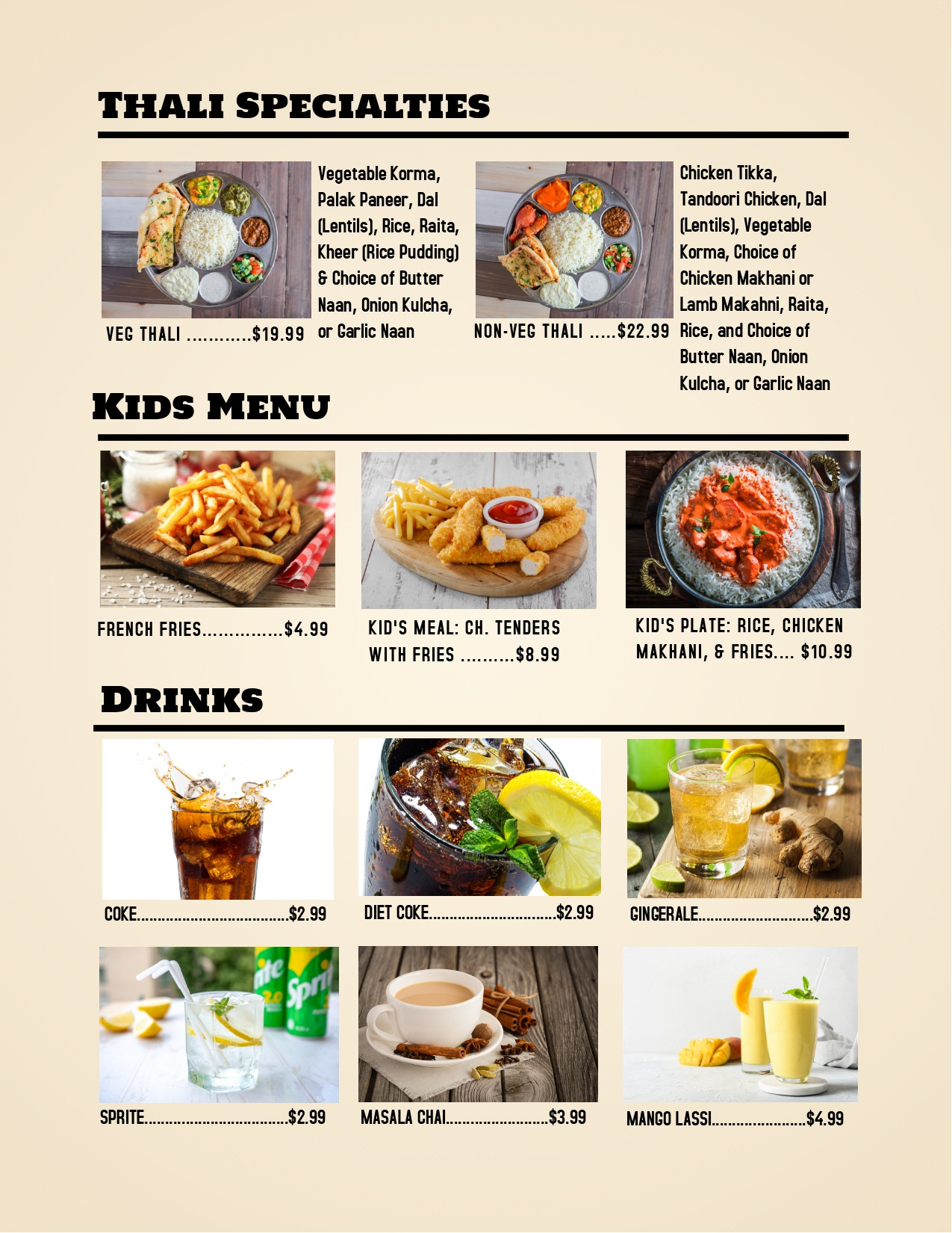 Menu of our Authentic Indian Cuisine