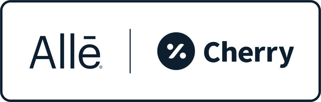 Allē logo next to a circle with a percent sign and the word Cherry, all in dark blue text.