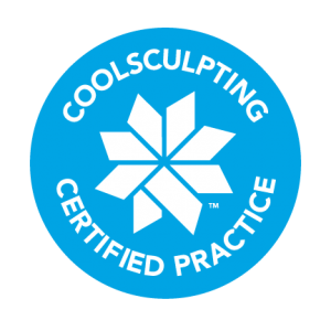 Blue circular badge with white snowflake and text: CoolSculpting Certified Practice.