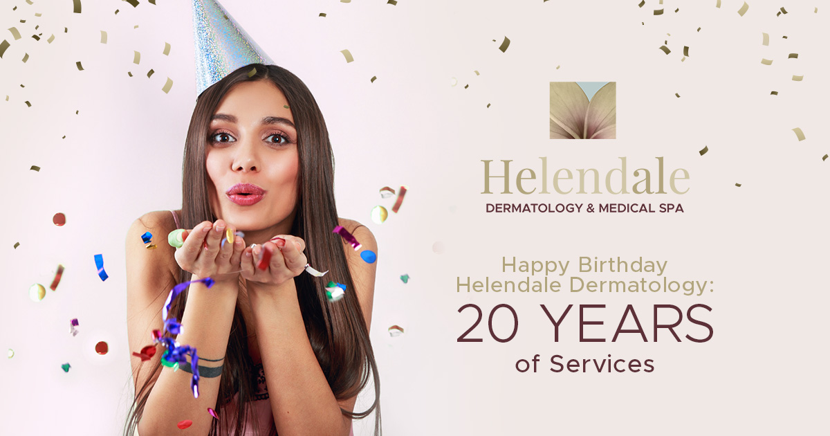 woman blowing confetti to celebrate helendale dermatology's 20th birthday
