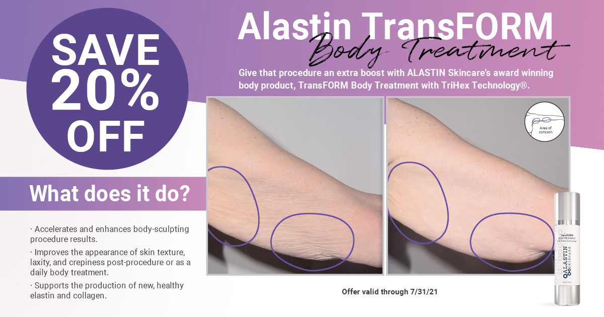 Purple ad for Alastin TransFORM Body Treatment with before-and-after arm images and 20 off badge.