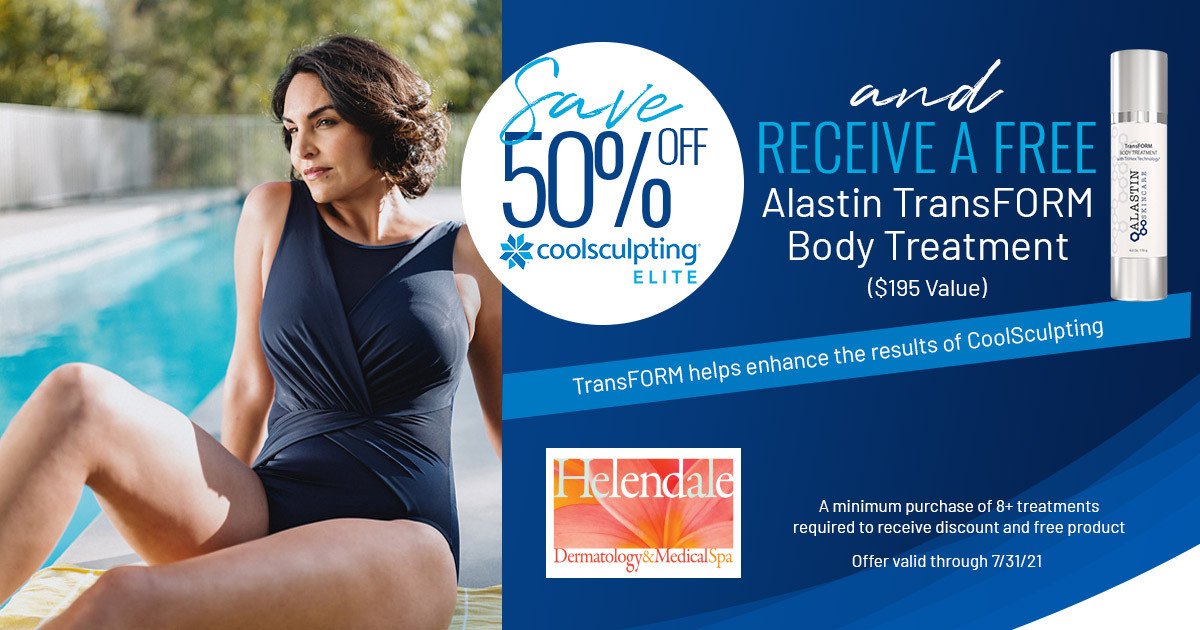 Woman in a black swimsuit sits by a pool; CoolSculpting offer and product details on side.