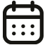 Black and white calendar icon with binding rings and five dots representing dates.