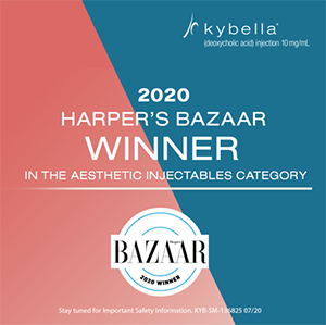 Kybella wins 2020 Harpers Bazaar award for Aesthetic Injectables, blue and coral graphic.