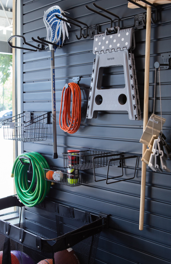 Garage storage wall hooks and baskets