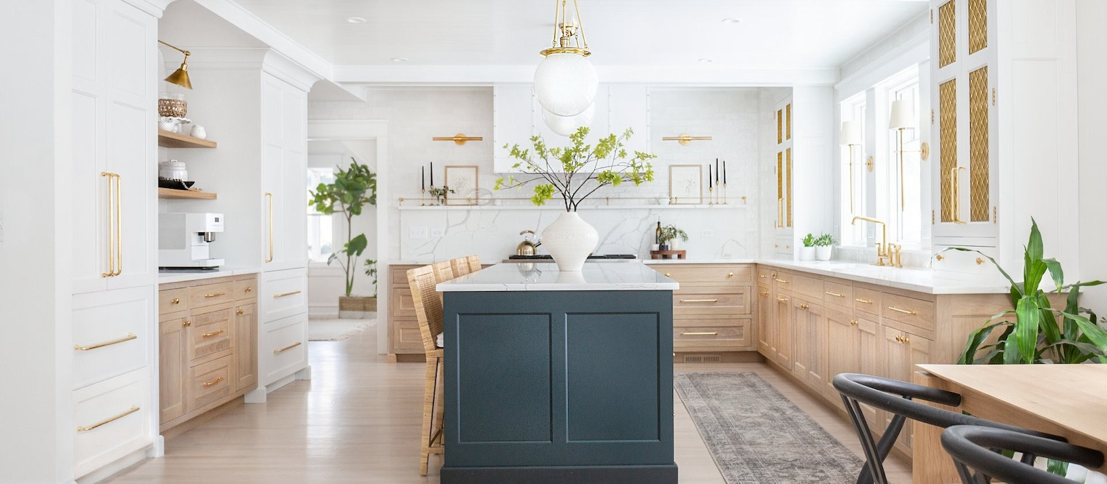 kitchen with oak cabinets and blue island