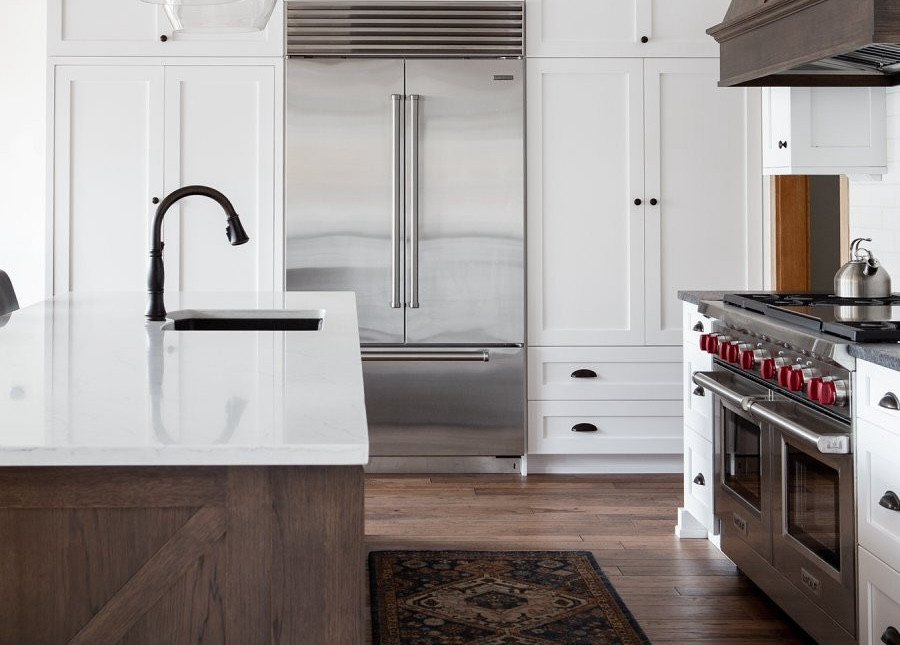 modern kitchen remodel white cabinets wood floor