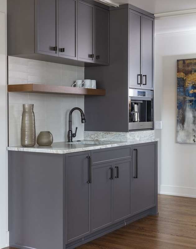 kitchen coffee bar with dark gray cabinets