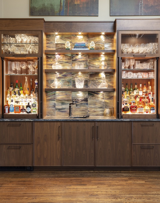 home wet bar dark wood cabinets