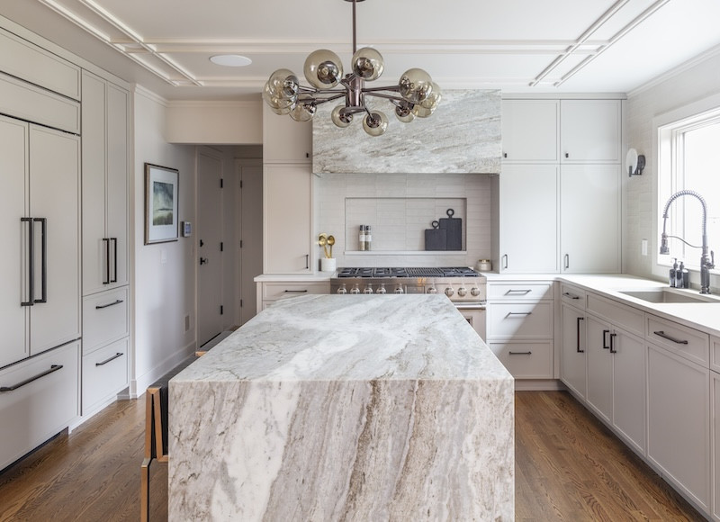 large marble island in kitchen