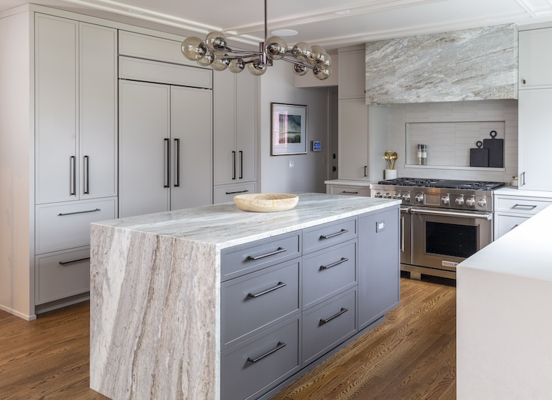 gray kitchen with large island