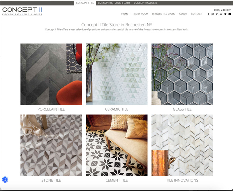 Website shows six types of tile samples with names: porcelain, ceramic, glass, stone, pattern, mosaic.