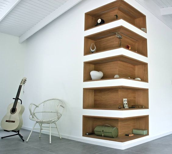 custom built in corner shelving niche