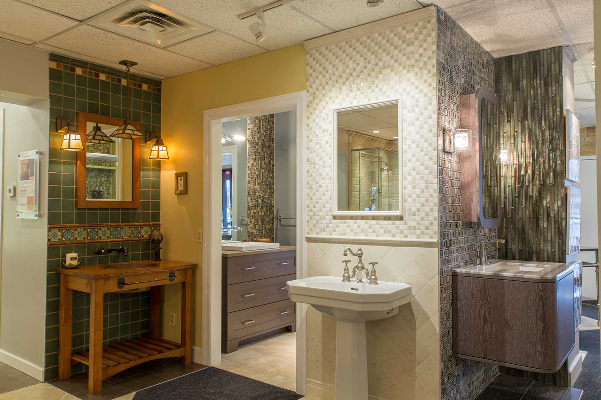 Bathroom vanities on display in a showroom.