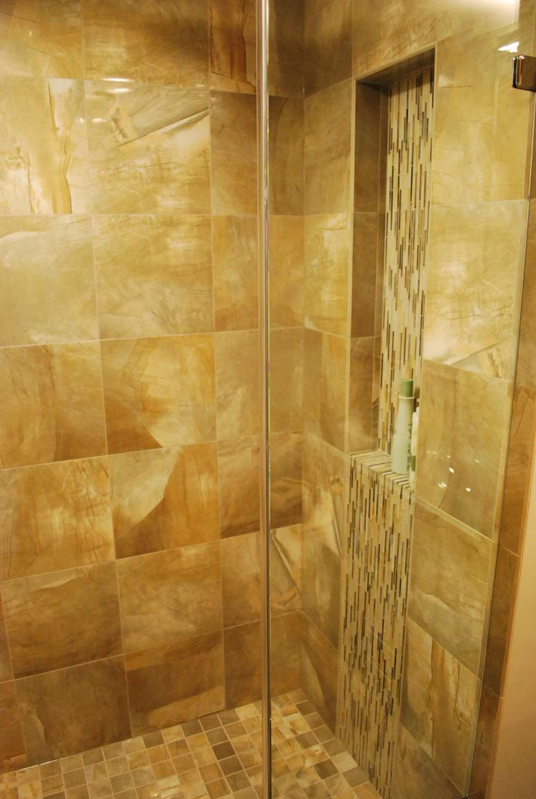 Tile Waterfall in Asian Inspired Bathroom