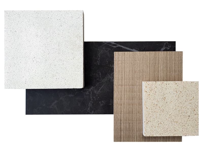 Four rectangular tiles of different colors and textures, stacked on a white background.