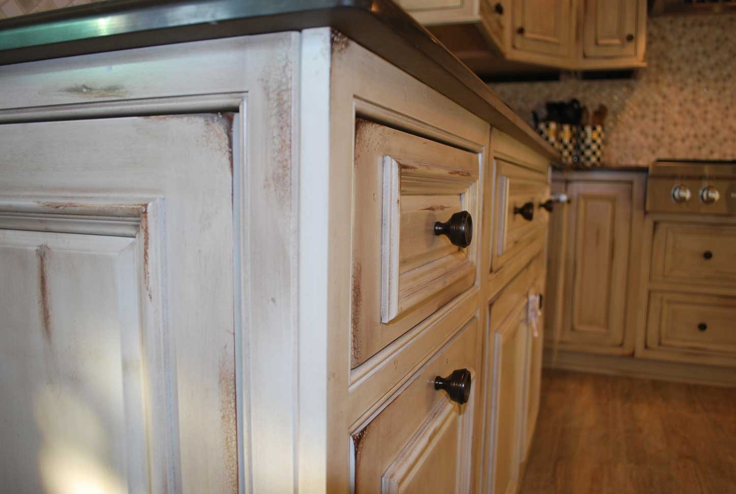 Distressed White Kitchen Cabinets Close Up