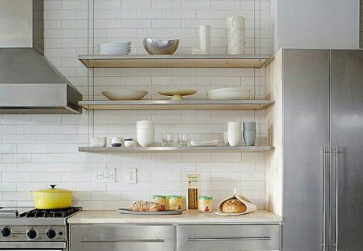 stainles steel kitchen open shelving 