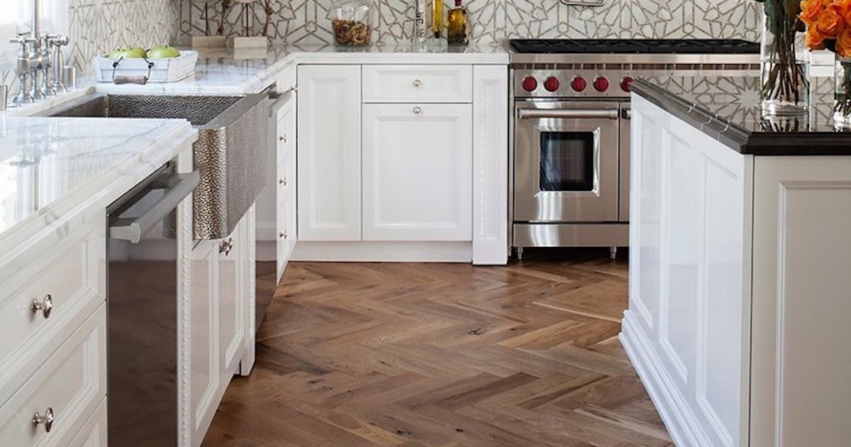 kitchen with chevron hardwood floors