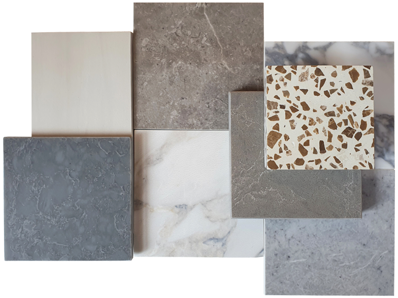 Seven square tiles with different colors and patterns arranged in a neat overlapping layout.