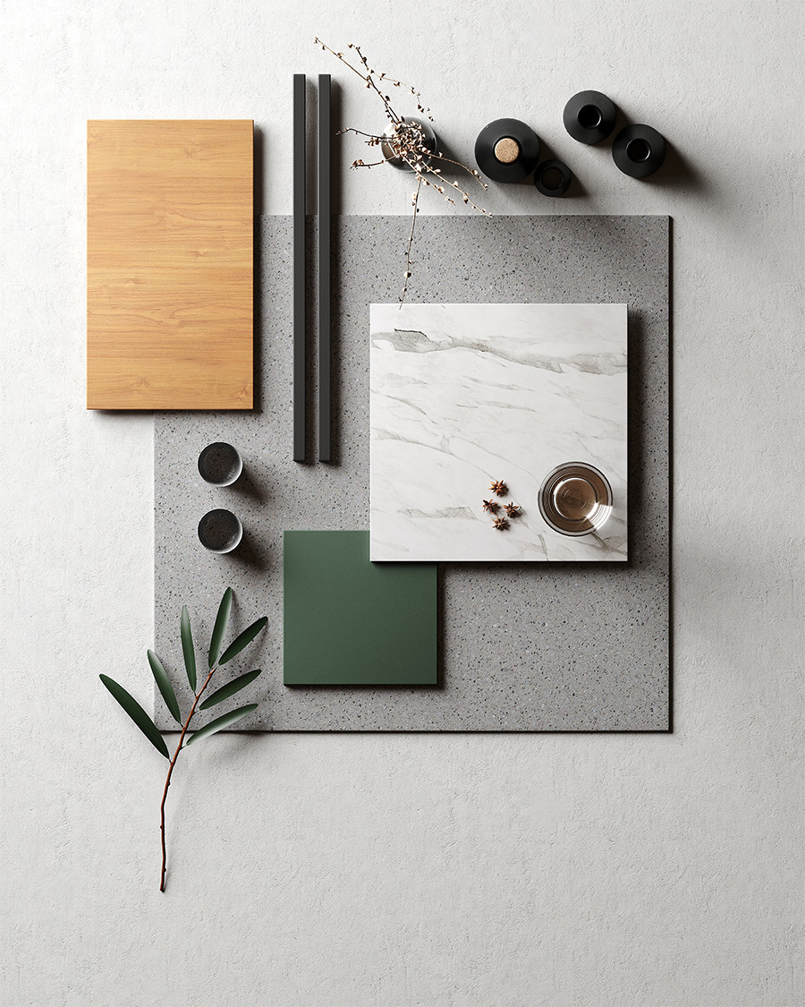 Flat lay of wood, marble, and green samples, with leaves, cups, vases, and a coffee drink.