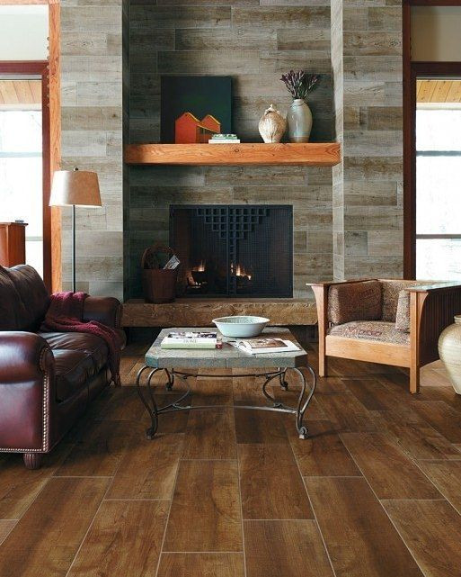 wood tile on fireplace