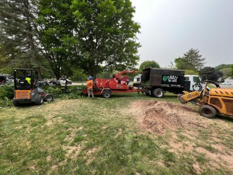 two workers feeding branches into a wood chipper near trucks and machinery