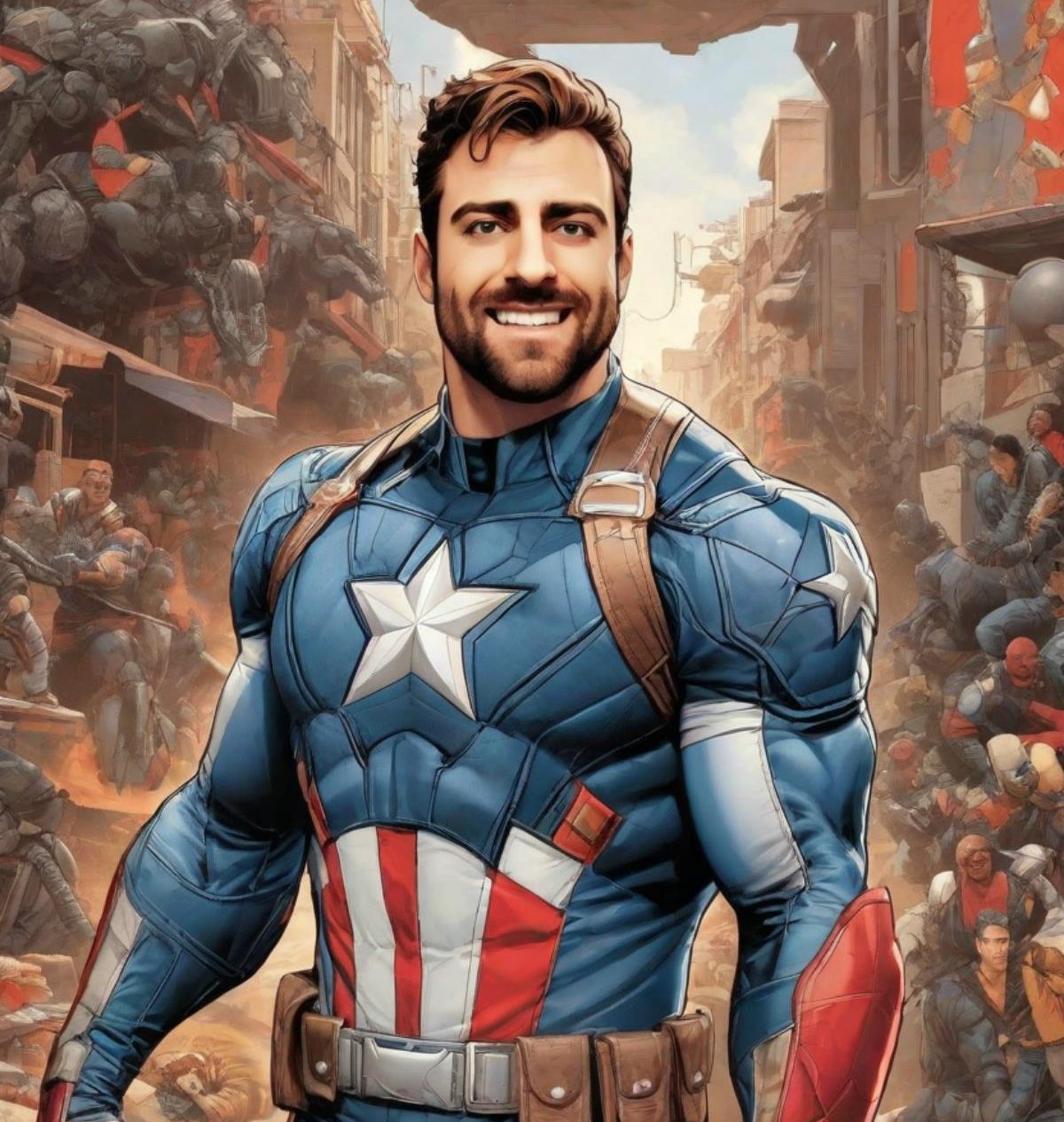 A smiling superhero in a blue costume with a star stands in a chaotic, battle-damaged city.