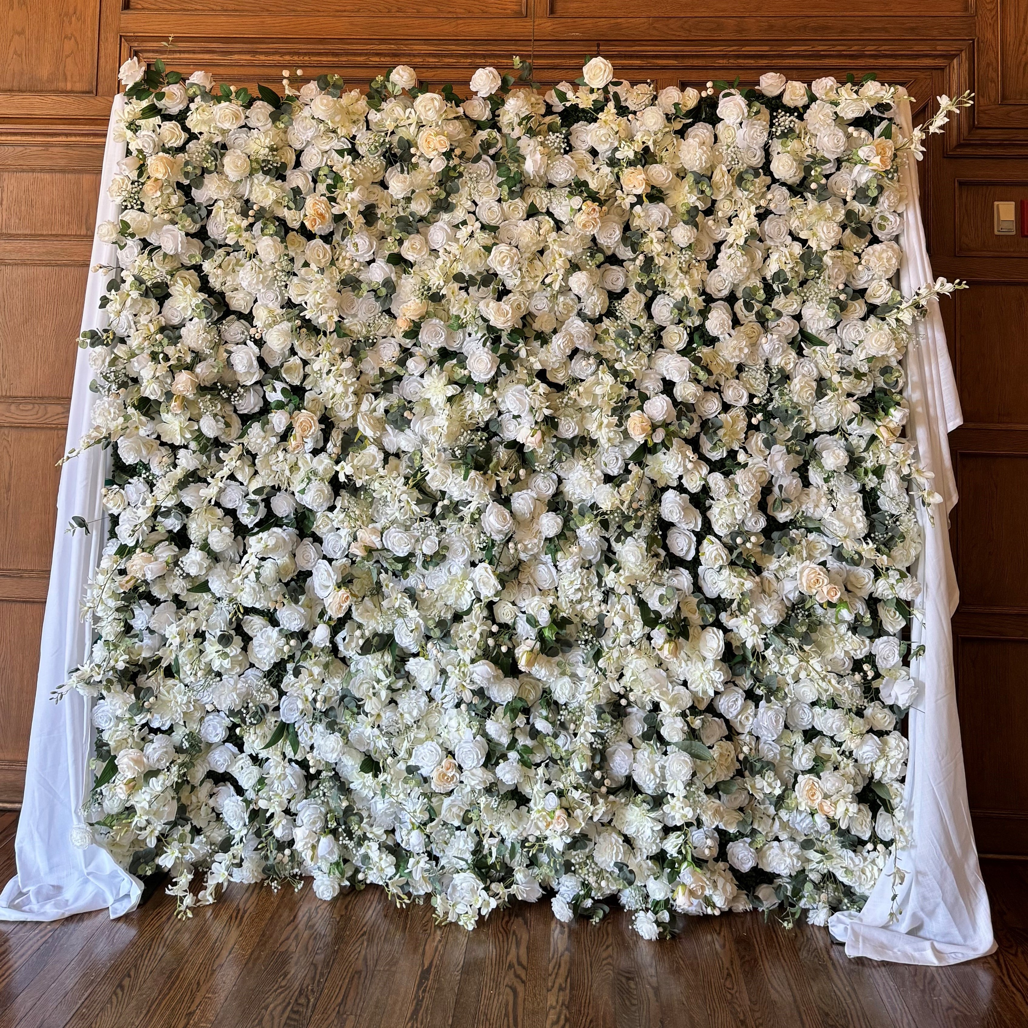 Beautiful 8 Foot Tall White Flower wall with Greenery