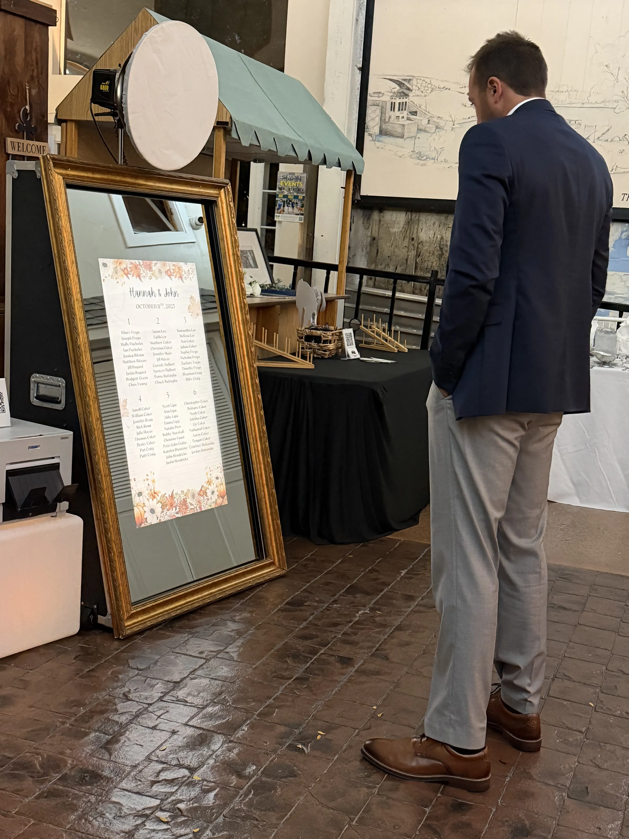 A man in a suit reads a floral-decorated seating chart displayed on a large mirror photo booth.
