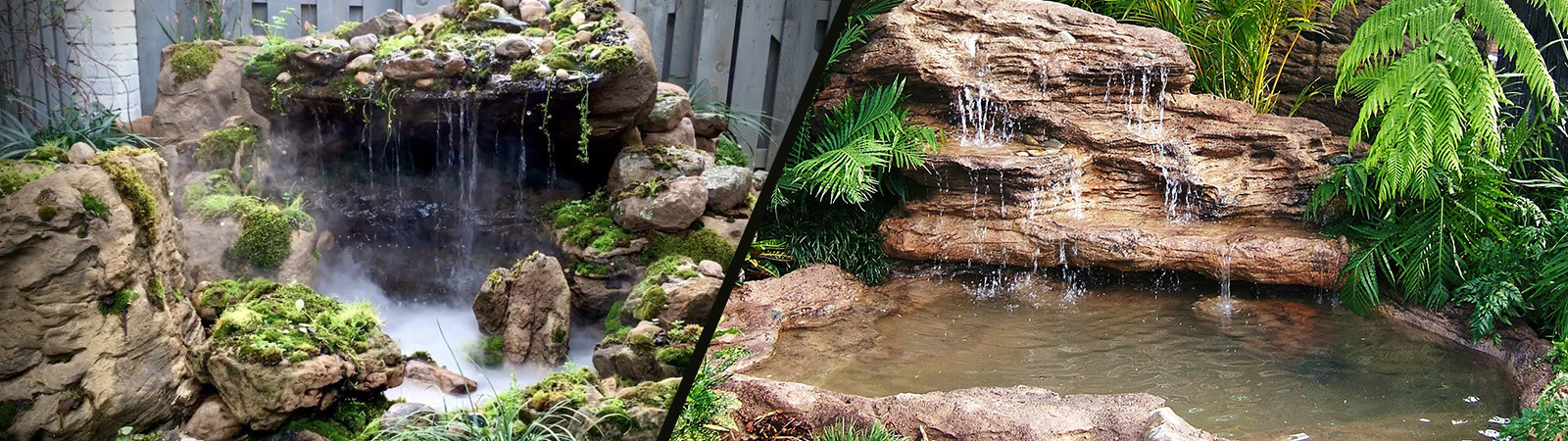 two rock waterfalls with garden ponds and greenry