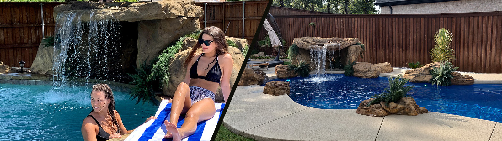 two pools with rock waterfalls and greenry