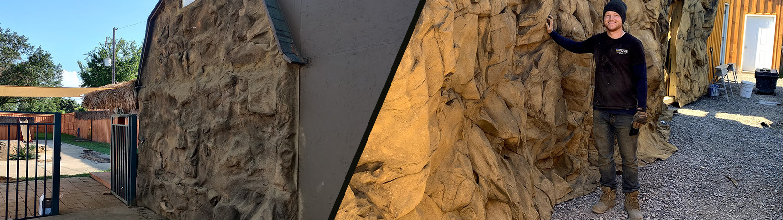 two artifical rock wall panels on exterior