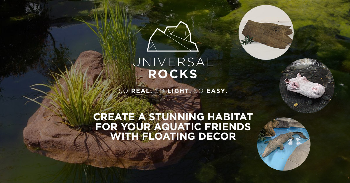 floating faux rock with plants in pond