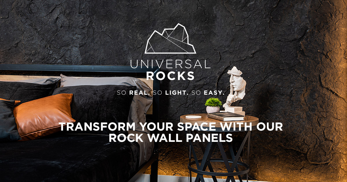 faux rock wall panel in bedroom with nightstand