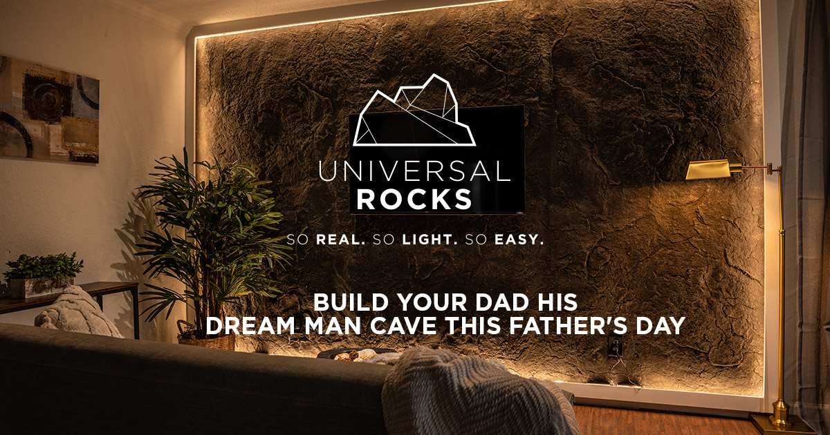 A custom-designed wall inside of a living room made from Universal Rocks