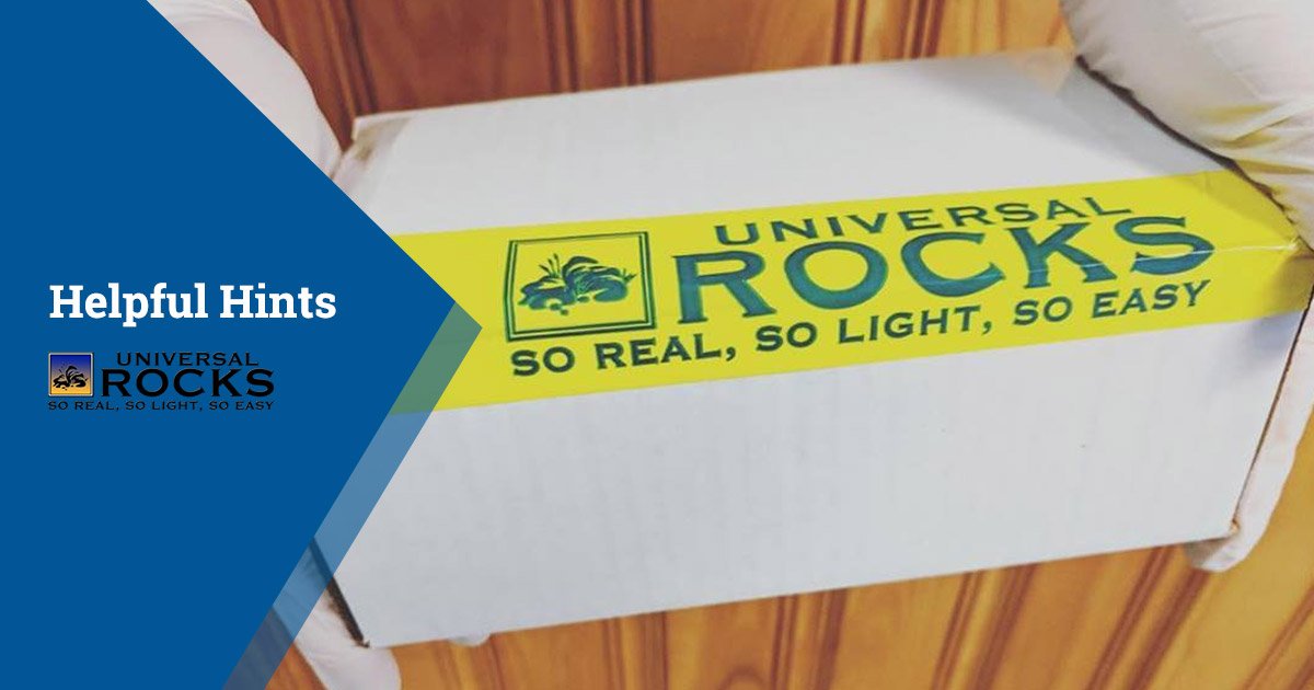 White fabric with a bright yellow section that says, "Universal Rocks. So Real, So Light, So Easy
