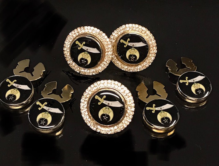 Shriner Crystal Cufflinks, Crystal Button Cover and  Four Plain Button Set
