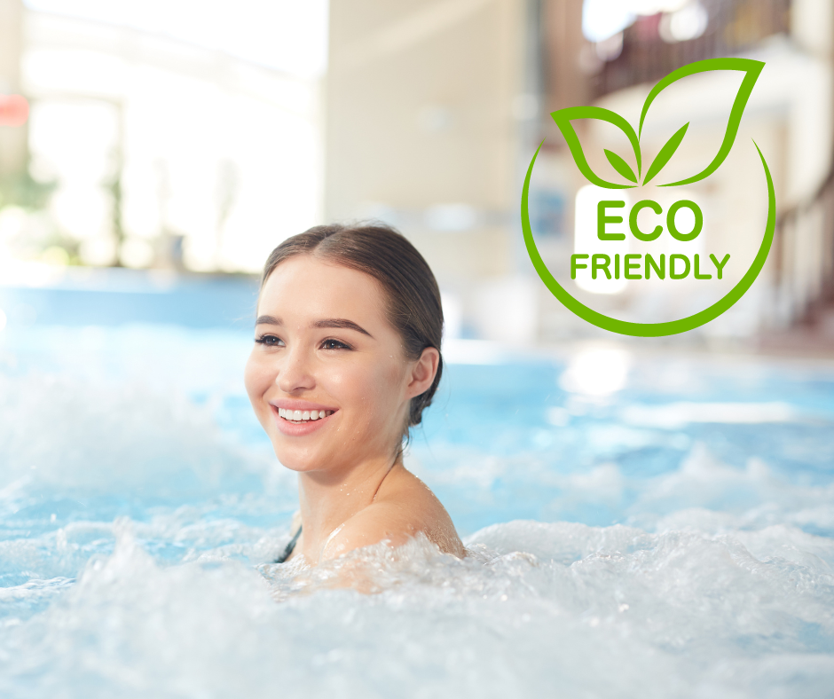 woman smiling sitting in hot tub water with eco-friendly graphic
