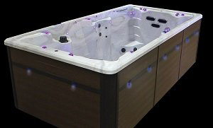 truswim swim spa shell with brown cabinet and purple pin lights